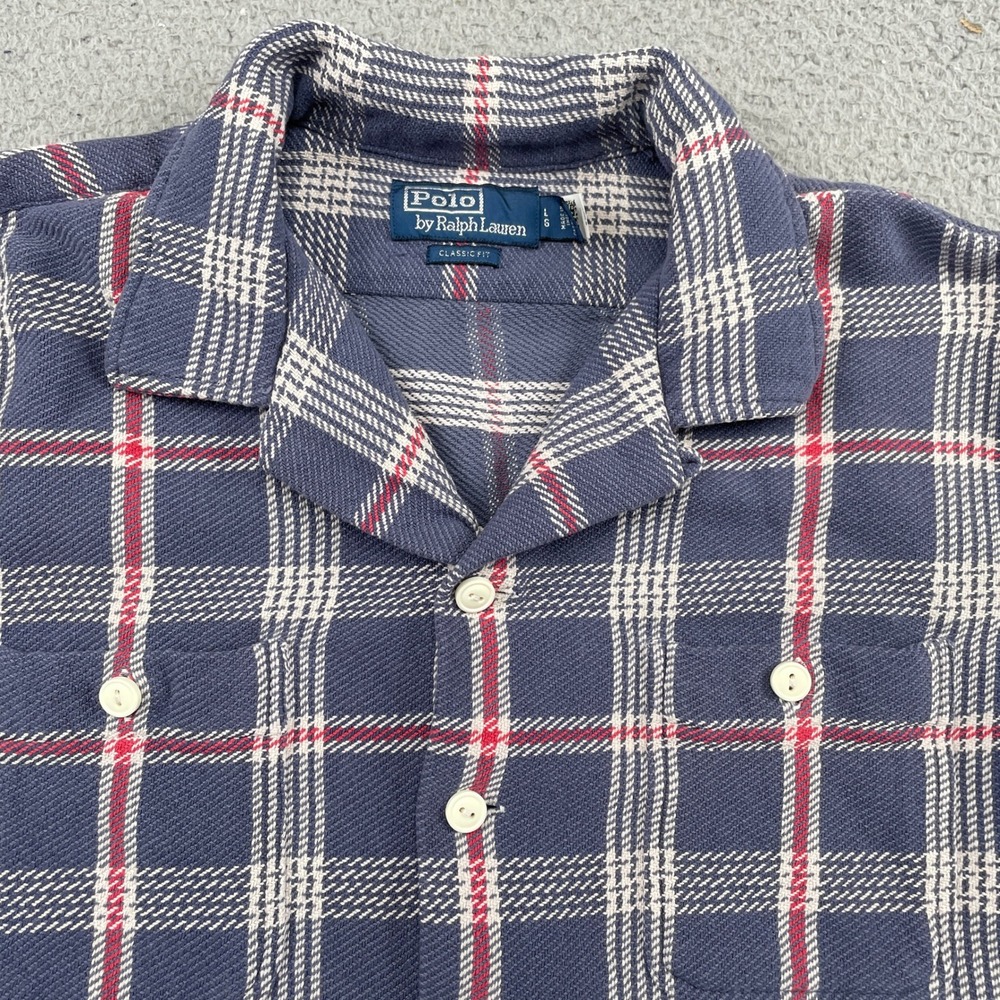 Polo Ralph Lauren Shirt Mens L Blue Plaid Flannel Camp Collar Classic Fit Pocket